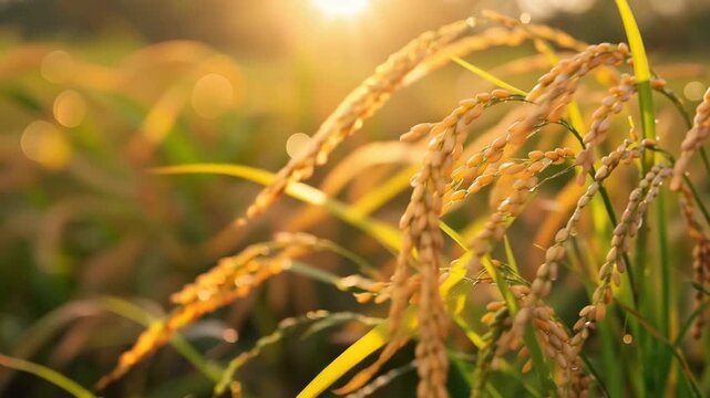 Close-Up of Mature Rice Plants Glowing in Warm Morning Sunlight During Harvest Season