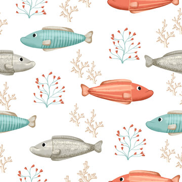 Hand drawn seamless fish nursery pattern on grainy paper