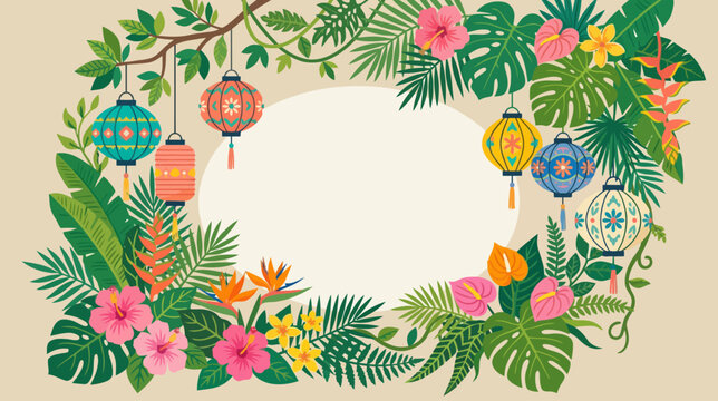 Vibrant tropical floral border with colorful lanterns enhancing a festive and lively botanical scene for celebrations or