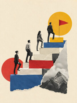 Corporate team climbing a flight of stairs toward success, abstract business career advancement paper collage