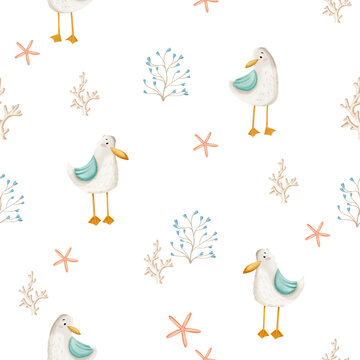 cute seagull seamless pattern with starfish and coral for nautical nursery wallpaper and baby fabric