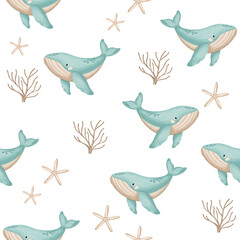 Fototapeta premium Hand drawn seamless whale nursery pattern on grainy paper
