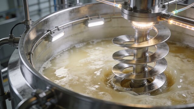 Industrial fermentation vat with helical mixer and bubbling liquid