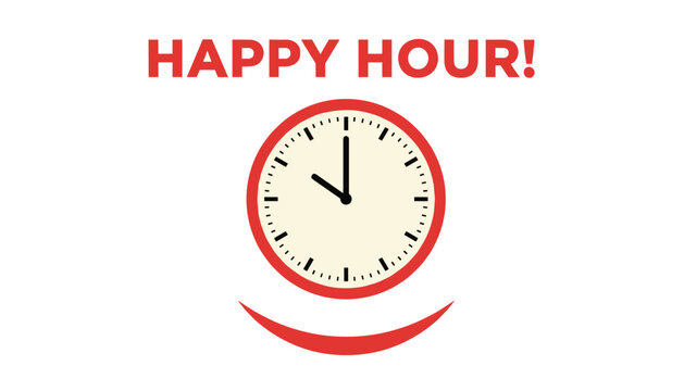 Simple happy hour announcement graphic with a large red clock face icon and a curved smile element on a soft pastel background.