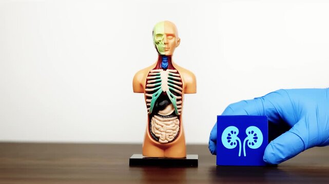 The doctor's hand displays a cube with a kidney icon next to an anatomical model. Raising awareness about chronic kidney disease and the prevention of kidney pathologies. Isolated. Slow motion.