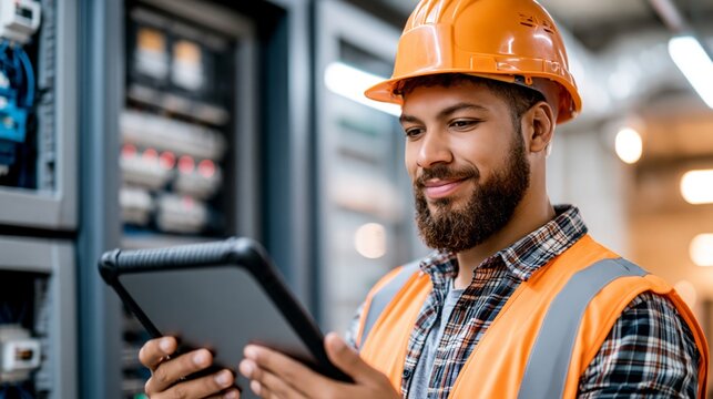 Professional electrician using diagnostic software while inspecting electrical panel in commercial setting Generative AI