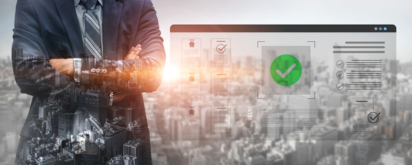 A businessman stands confidently against a vibrant city skyline while a digital checkmark symbolizes success and compliance in the modern corporate landscape, showcasing innovation and growth. Cyphers © InfiniteFlow