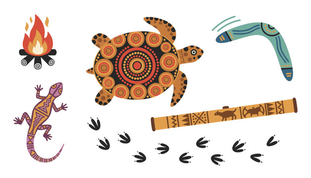 Aboriginal artwork collection displaying painted lizard fire boomerang didgeridoo and footprints in earthy color palette.