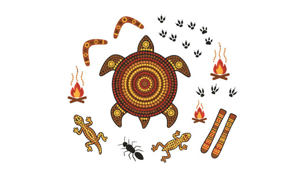 Traditional dot art illustration featuring central turtle surrounded by boomerangs fire and animal prints in circle.