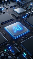Fototapeta premium AI processor chip glowing on a circuit board, conveying tech innovation.