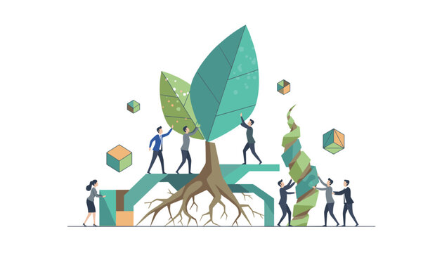 Professional team working together to cultivate and build a large digital tree structure with geometric elements.
