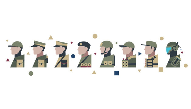 Collection of soldier and military personnel profiles showcasing various uniforms and tactical gear in a minimalist vector style.