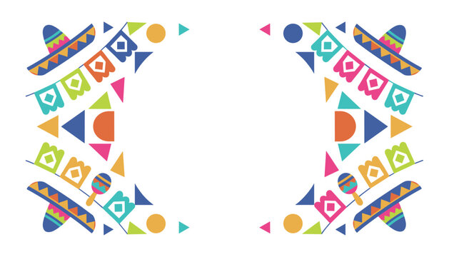 Colorful Mexican cultural event decorative corner frames with sombreros, maracas, and festive paper banners for creative layouts.