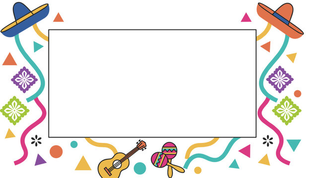 Decorative Mexican festival border frame featuring sombreros, acoustic guitar, maracas, and colorful geometric festive patterns.