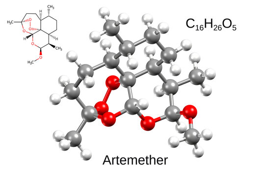 Structure of antimalarial medication artemether. Chemical formula, structural formula, and 3D ball-and-stick model