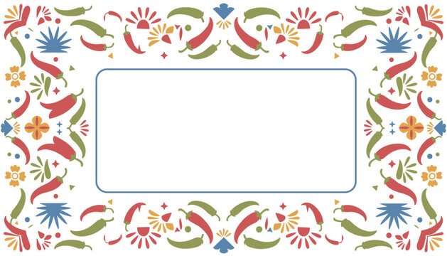 Decorative border frame featuring stylized red chili peppers and blue floral motifs arranged in a symmetric rectangular layout.