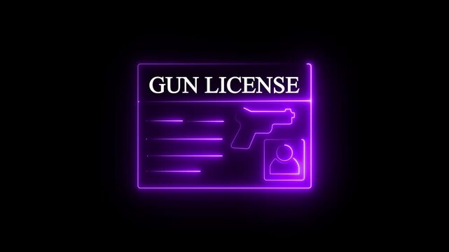Glowing neon gun license ID card icon animation isolated on a black background. Modern blue line art firearm permit document featuring an ID photo and handgun symbol, representing