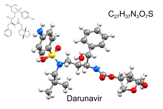 Structure of darunavir, an antiretroviral medication. Chemical formula, structural formula, and 3D ball-and-stick model.