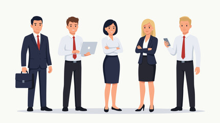 Obraz premium Professional Business Team: A group of five diverse business professionals stand confidently, representing a modern and cohesive team ready for action.