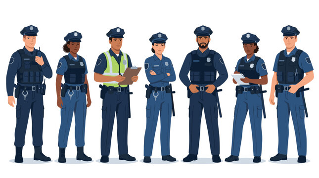 Police Officers in Uniform: A diverse group of police officers, men and women of various ethnicities, stand confidently in their official uniforms.