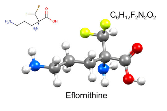 Structure of eflornithine, a medication used to treat African trypanosomiasis (sleeping sickness) disease. Chemical formula, structural formula, and 3D ball-and-stick model