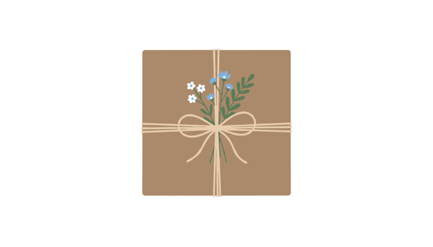Brown kraft paper gift parcel decorated with a delicate bouquet of tiny blue and white flowers and a simple string bow.