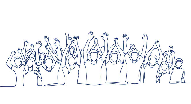 Line drawing crowd protest march demonstration black and white minimalist illustration
