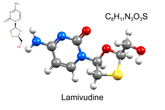 Structure of lamivudine, an inhibitor of reverse transcriptase and antiretroviral medication. Chemical formula, structural formula, and 3D ball-and-stick model