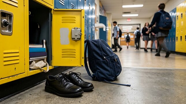 Close up of clean black school shoes on the floor next to an open yellow school locker