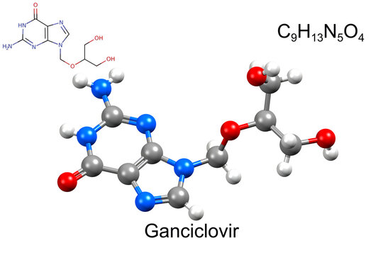 Structure of ganciclovir, an antiviral medication. Chemical formula, structural formula, and 3D ball-and-stick model