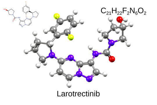 Structure of the anticancer drug larotrectinib. Chemical formula, structural formula, and 3D ball-and-stick model