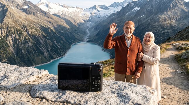 Elderly Muslim couple taking self timer photo at mountain viewpoint