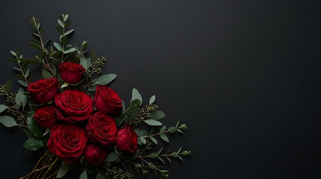 Red roses bouquet with eucalyptus leaves on black background with copy space