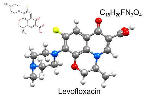Structure of a fluoroquinolone antibiotic levofloxacin. Chemical formula, structural formula, and 3D ball-and-stick model