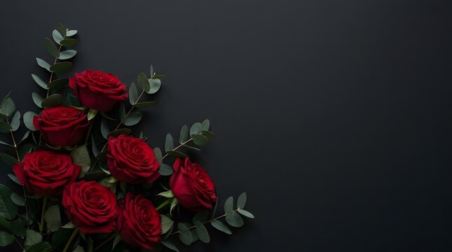 Red roses and eucalyptus leaves bouquet on black background with copy space