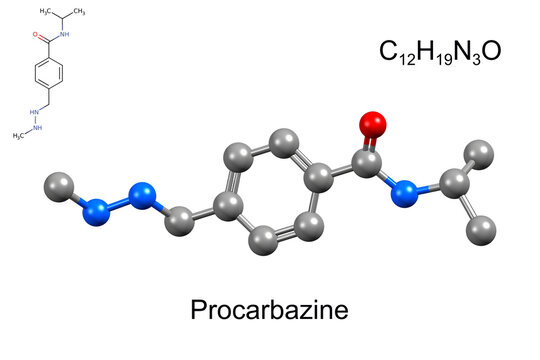 Structure of procarbazine, a chemotherapy medication. Chemical formula, structural formula, and 3D ball-and-stick model