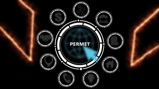 Modern business technology interface with PERMET text, gears and digital network icons. 4k animation