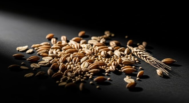 Close up view of raw organic cereal grains scattered on a dark surface, illuminated by harsh directional light creating deep black shadows, heap, seeds, ingredient