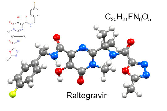 Structure of raltegravir, an antiretroviral medication. Chemical formula, structural formula, and 3D ball-and-stick model