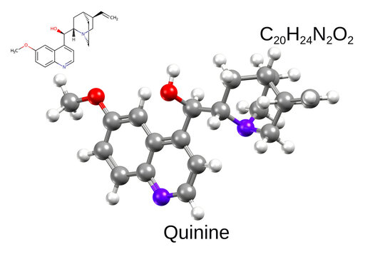 Structure of antimalarial medication quinine. Chemical formula, structural formula, and 3D ball-and-stick model