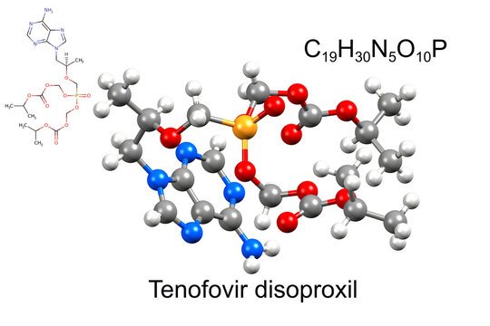 Structure of tenofovir disoproxil, an antiretroviral medication. Chemical formula, structural formula, and 3D ball-and-stick model