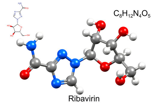 Structure of ribavirin, an antiviral drug for hepatitis C. Chemical formula, structural formula, and 3D ball-and-stick model