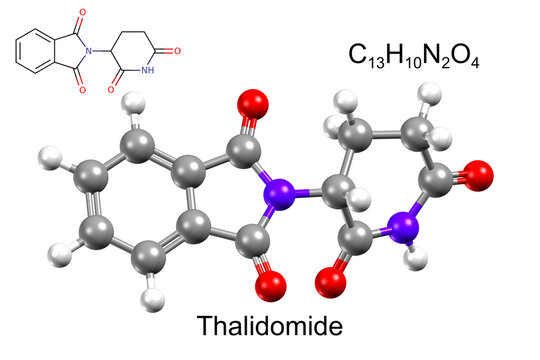 Structure of immunosuppressive medication thalidomide. Chemical formula, structural formula, and 3D ball-and-stick model