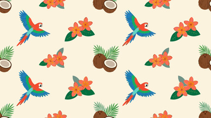 Fototapeta premium Vibrant tropical-themed pattern featuring colorful parrots, blooming flowers, coconuts, and tropical leaves in a lively seamless