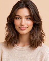 Fototapeta premium Young professional woman looking confidently at camera with a soft smile against a beige background creating a warm atmosphere Generative AI