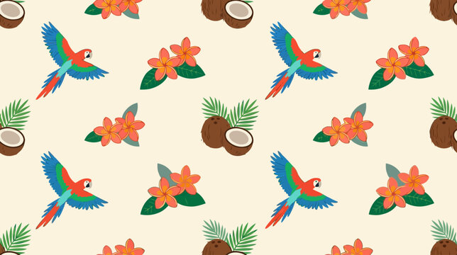 Vibrant tropical-themed pattern featuring colorful parrots, blooming flowers, coconuts, and tropical leaves in a lively seamless