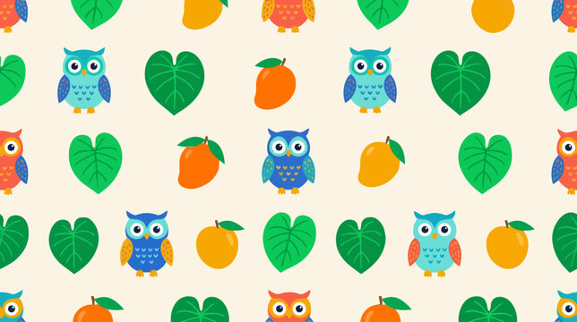 Whimsical Pattern of Vibrant owls hearts and oranges with playful colorful design elements