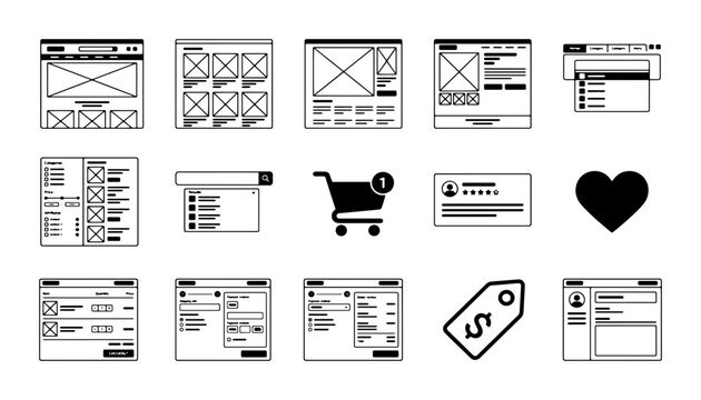 Minimalist website wireframe icons, 15 black and white UI elements vector set, ecommerce interface layout components for web design and app development