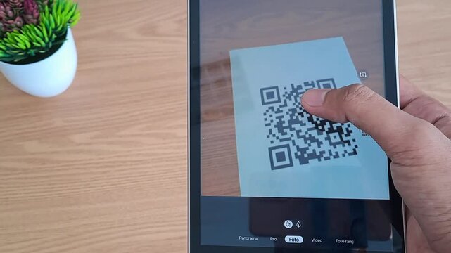 Asian hand scanning QR code with tablet on wooden desk. Digital payment, technology, business. 4K video for qr code, tablet, scan, technology, digital, payment, business, asian, hand, mobile, device, 