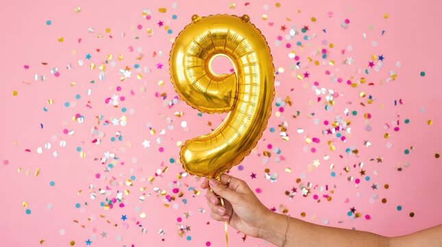 Golden number nine foil balloon over pink confetti background.